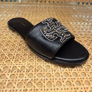 Tory Burch NIB Everly Embellished Slide Sandals Black Tumbled Leather MANY SIZES